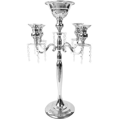 Silver plated metal 7.25" x 3.5" | Candelabra Centerpiece with Hanging Crystal | Silver | 1 Pc. - BS3NJ5DU1