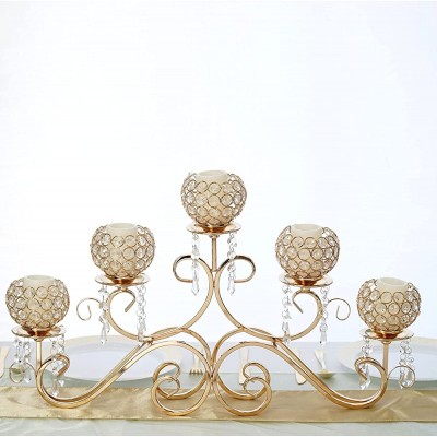 TABLECLOTHSFACTORY 5 Arm 16" Crystal Chandelier Gold Metal Horizontal Table Standing Candelabra Wedding Centerpiece Candle Holder - BME55MC3U