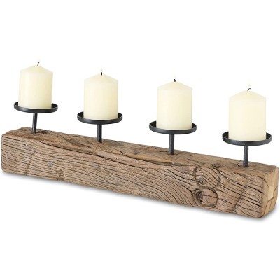 WHW Whole House Worlds Vintage Wood Votive Candle Holder Black Iron Platforms Drip Catching Bobeche with Rims Recycled Wood Eco-Friendly 19.75 L x 2.75 W x 5.0 H Inches 4.75 lbs - BXS3P8N29