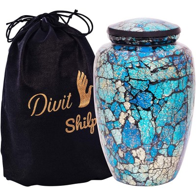 Cremation Urn for Human Ashes with Satin Bag for Adults up to 200 lbs | Large Handcrafted Funeral Urns by Divit Shilp Blue Mosaic Adult - BXOGYIZ3A