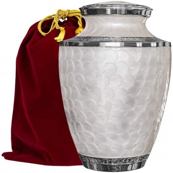 Everlasting Love Beautiful and Timeless White Adult Cremation Urn For Human Ashes This Large Elegant Mother of Pearl Enamel and Nickel Urn Is a Perfect Tribute to Honor Your Loved One w Velvet Bag - BIL22X0X8