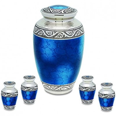 Mediterranean Mystic Blue Brass Metal Cremation Adult Urn and Keepsake Set of 4 For Human Ashes - B4OG2IO5A