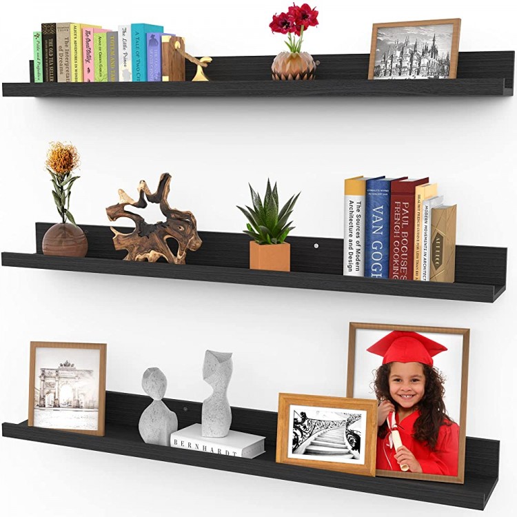 36 Inch Floating Shelves for Wall Set of 3 in Ebony Black Modern Rustic Style Wall Mounted Display Shelves Picture Ledges by Icona Bay - BVCU74X3V