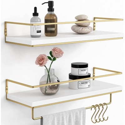 Bathroom Floating Shelves Wall Mounted Over Toilet White Set of 2 Modern Wood Storage Shelf with Gold Towel Bar Hooks Decor Wall Shelving for Bedroom Nursery Kitchen by Forbena White - B42ZUNJVF
