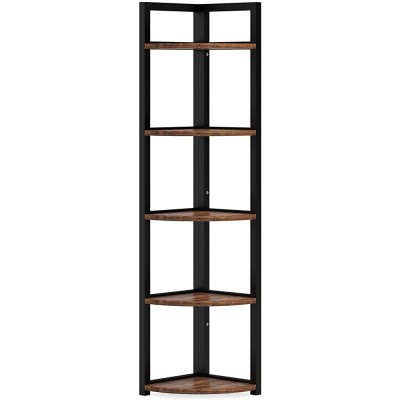 Tribesigns 5 Tier Corner Shelf Rustic Corner Bookshelf Small Bookcase Storage Rack Plant Stand for Living Room Home Office Kitchen Small Space Brown - BHRN3WUXI