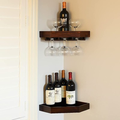 WELLAND Rustic Wood Corner Floating Shelves Wall Mount Corner Wine Rack -2 Pack with 6 Glass Slot Holder - BVDTDS4S3