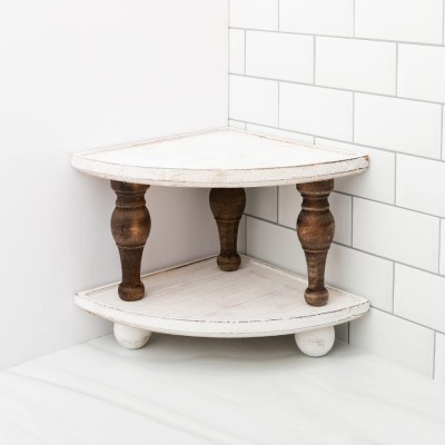 Wood Counter Stackable Corner Tray Riser Shelves 2-Pack | Decorative Triangular Display Stand for Bathroom Coffee Bar Kitchen | Accent Centerpiece | Countertop Organizer Storage Shelf Pedestal - B4YBAW7LT