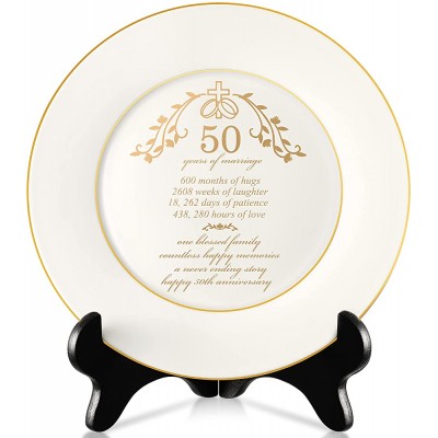 50th Wedding Anniversary Plate Gifts 50 Year Gold Porcelain Table Plate 8 Inch Golden Wedding Gifts with Stand for Parents Couple Grandparents - B40CQ5E30