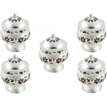 GoldGiftIdeas German Silver Sindoor Dabbi Set Silver Plated Pooja Items for Home Return Gift for Wedding and Housewarming with Designer Potli Bags Pack of 5 - B39I0C65Q