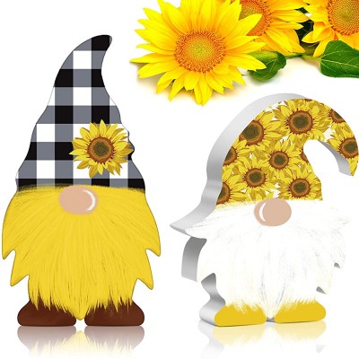 Jetec 2 Pieces Sunflower Gnome Wooden Sign Summer Fall Thankful Buffalo Plaid Sunflower Farmhouse Tiered Tray Elf Gnome Decor Kitchen Party Birthday Table Decorations for Office Home Decoration - BO36K8401