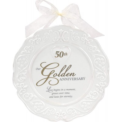 Malden International Designs Glazed Ceramic 50th Anniversary Plate With Gold Accents And Ribbon For Hanging 9x9 White - B9QAXT5JF