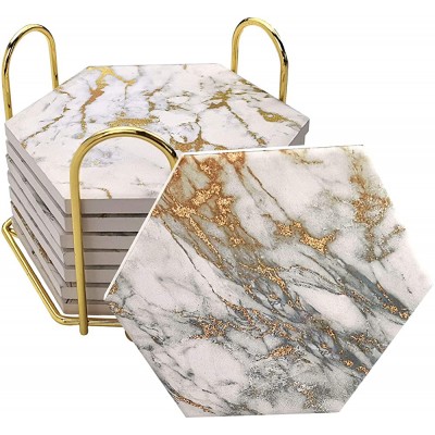 8 Pcs Drink Coasters with Metal Holder Stand Marble Design Ceramic Coaster Set Cork Base for Tabletop Protection Home Decor Bar Coasters Golden - B14TWQGGN