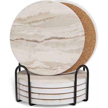 ALELION Absorbent Coasters for Drinks Set of 6 Ceramic Drink Coasters with Holder Marble Style Stone Coasters with Cork Base for Table Protection for Home Decor Christmas Thanksgiving Day 4 Inch - B9WLMA5YC