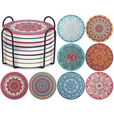 CHEFBEE Set of 8 Coaster for Drinks Absorbent Mandala Ceramic Coasters with Cork Base Metal Holder Stone Coasters Set Perfect for Wooden Table Housewarming Home and Dining Room Decor - B3QDWOCSF