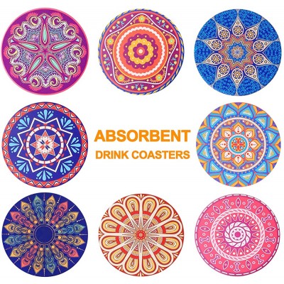 Coasters for Drinks Absorbent Drink Coasters with Holder Ceramic Coasters for Drinks Cups Bar Table Coasters Round Stone Cork Base Mandala Style 8 Pack - BM4RZ3IR9