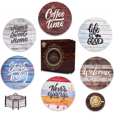 Coasters for Drinks Absorbent with Holder 6 pcs Funny Ceramic Coasters with The Cork Base Farmhouse Cute Cup Drink Coasters for Coffee &Wooden Table Decor Housewarming Gift Rustic - BFVOB2KO9