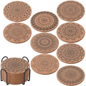 ionEgg Cork Coasters for Drinks Reusable Cup Coaster for Cold or Warm Drinks Pack of 9 with Metal Holder - BH1E6JIN6