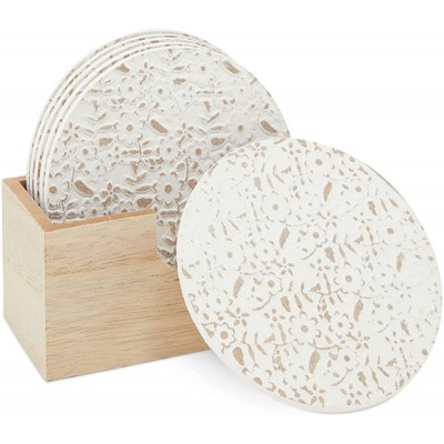 Juvale Farmhouse Wood Coasters with Stand Holder Embossed White Coaster Set for Drinks 3.8 in 6 Pack - BN8FS8UC1
