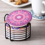 LIFVER 8 Packs Absorbent Drink Coaster Sets Mandala Style Ceramic Stone Coasters with Holder 4 Inches Coasters for Drinks with Cork Base Multicolors - B6B23TN0A