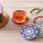LIFVER 8 Packs Absorbent Drink Coaster Sets Mandala Style Ceramic Stone Coasters with Holder 4 Inches Coasters for Drinks with Cork Base Multicolors - B6B23TN0A