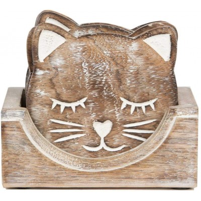NIRMAN Wooden Crafted Unique Adorable Cat Shaped Coasters Set of 6 with Holder Bar Dining Table Home Décor - BI23MOEGG
