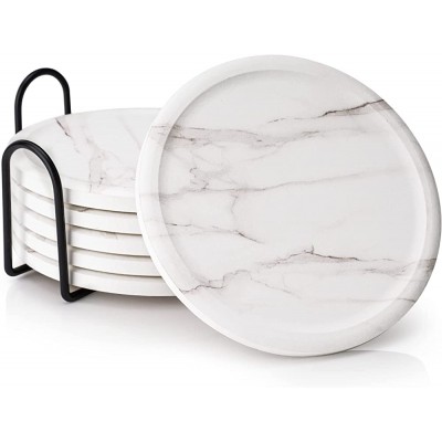 Sweese 249.101 Absorbent Ceramic Coasters for Drink with Holder Marble Coasters with Cork Back Prevent Furniture from Dirty Spills Water Ring and Scratched Set of 6 White - BTPW9ICTC