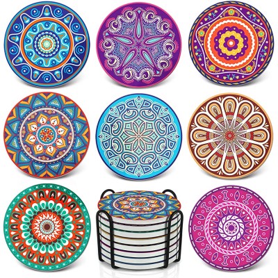 Teivio Absorbing Stone Mandala Ceramic Coasters for Drinks Cork Base with Holder for Friends Funny Birthday Housewarming Apartment Kitchen Bar Decor Suitable for Wooden Table Coffee Table Set of 8 - BDTZY89MA