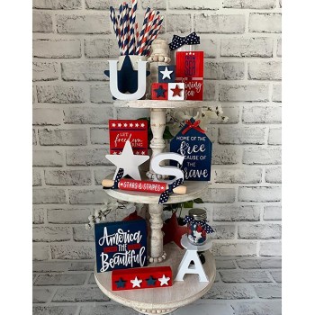 10Pcs Layered Tray Independence Day Decorative Bundle Homeware Set Tray Decor,Table Shelf Tray Stand Decor Set,Farmhouse Rustic Tiered Tray Ornament,Family Creative Bee Easter Decorative Gift - BUB3DORLP