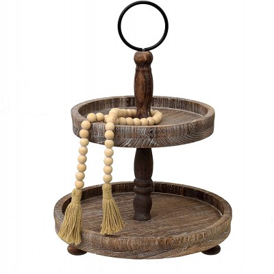 ASH-BEN Farmhouse Two Tiered Tray Wooden Decorative Display Stand with 10" Small & 12.5" Large Plates Rustic Modern Decorations Serving Tray with Bead Garland for Kitchen Table & Home Décor - BUTRDMP6Q