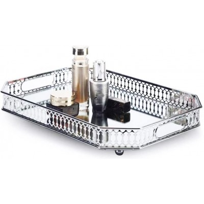 BOCFOA Mirror Tray Perfume Tray Vanity Makeup Decorative Jewelry Tray with Metal for Dresser Bathroom Bedroom Countertop Organizer Large Size 13.8" X 9.6" Silver - B9SL31MX2