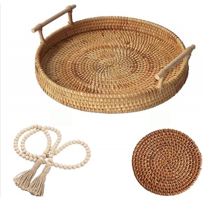 Coffee Table Decorative Tray | Hand Woven Wicker Serving Tray with Handles | Rattan Tray Basket | Drink Ottoman Tray | Wooden Round Tray | Boho Farmhouse Decor | for Living Room Circle 11 inch - BHB8DLSI2