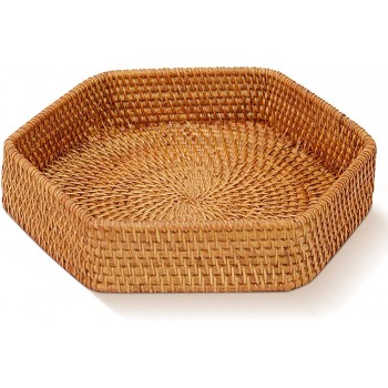 Decorative Round Tray Rattan Tray Rectangular as Key Bowl for entryway or Coffee Table Woven Basket for top of Dresser. for a Cosy Room Feel Looks Great Next to Flowers or on Books - BLKK0DJXN
