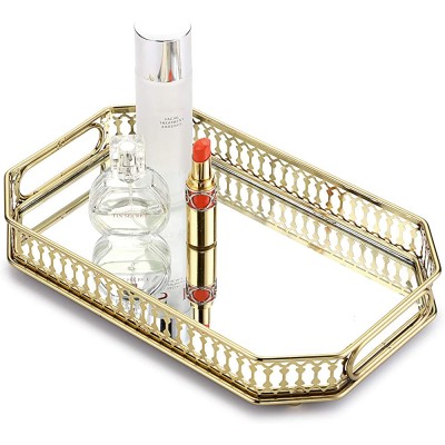 Hipiwe Vanity Makeup Mirror Tray Metal Jewelry Trinket Organizer Tray Cosmetic Perfume Tray Home Decorative Tray for Dresser Bathroom Bedroom Countertop,Gold - BX25J6X9K