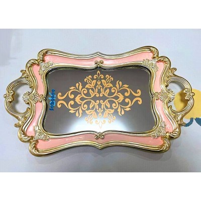 Schonee Rectangle Decorative Mirror Tray Vintage Carved Dresser Organizer for Perfume Jewelry and Makeup Luxurious Floral Print Serving TrayFloral Print -- Pink - BYGPWXPSL