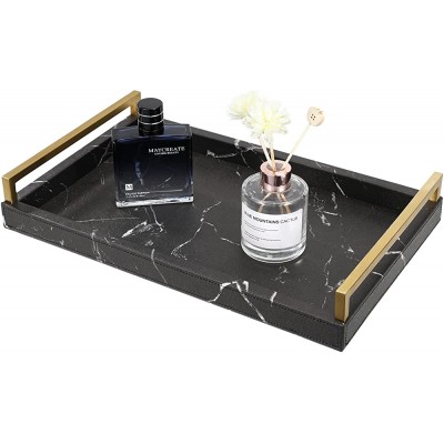 Shinowa Decorative Tray 39X25 cm Faux Leather Serving Tray with Golden Metal Handles for Coffee Table Ottoman Party Black Marble - BPUR2UZYY