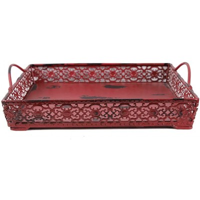 Vintage Style Metal Serving Tray 11’’x11’’ Distressed Square Decorative Tray with Handles Burgundy - BGIG9MGY7