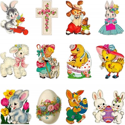 A1diee 12Pcs Vintage Easter Cutouts Decorations Retro Easter Victorian Ephemera Paper Cut Craft Bunny Lamb Chick Egg Duckling Cross Large Artwork Cardboard with Glue Point for Home Wall Window Decor - BPLOZFU6W