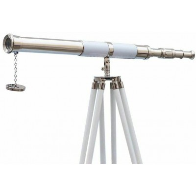 Nautical 60" Floor Standing Admirals Chrome White Leather Telescope with Beautiful Wooden Tripod Stand; Fully Functional Nautical Home Decor Vintage Telescopes - B07Q43XWH