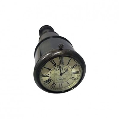 Nautical Antique 6 Inches Brass Telescope with Clock and Table Decorative Item Black - BVOJD97E5