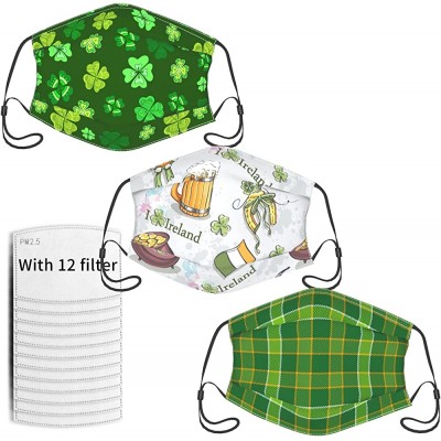 3 Pcs Cartoon Outlined Green Clover Leaf Decorative Adult Face Masks Men Reusable Adjustable Washable Cloth Cover with 12 Filter - BBP3TXBSF