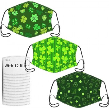 3 Pcs Cartoon Outlined Green Clover Leaf Decorative Adults Cloth Face Masks Washable Adjustable Reusable Face Cover - BJOUO6E2R