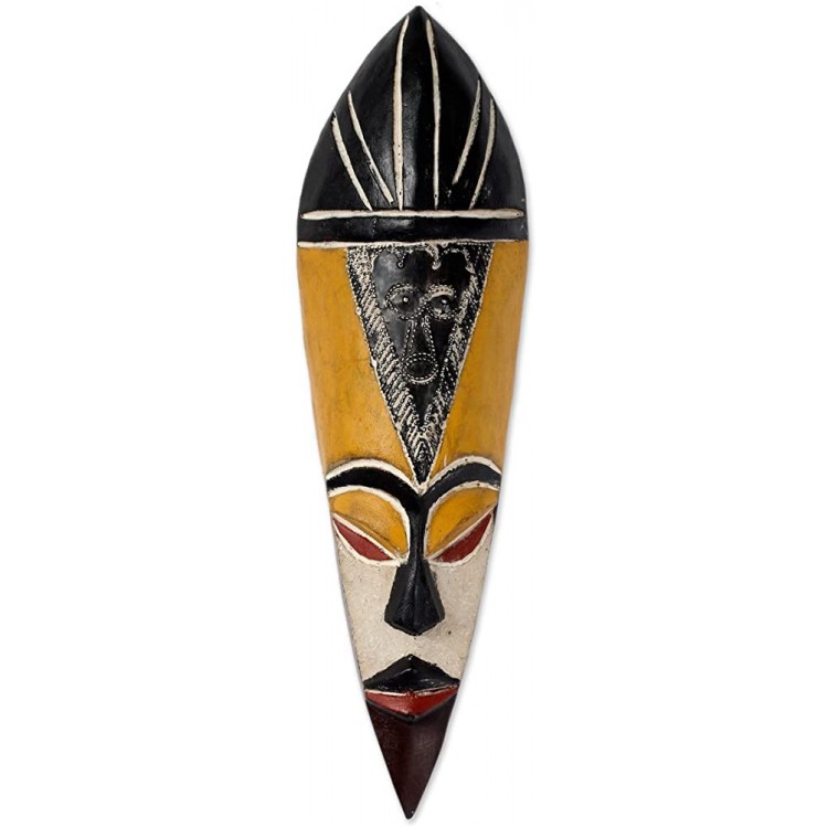 NOVICA Decorative Ghanaian Large Wood Mask Yellow 'Gonja Protector from Evil' - BW45HIND6