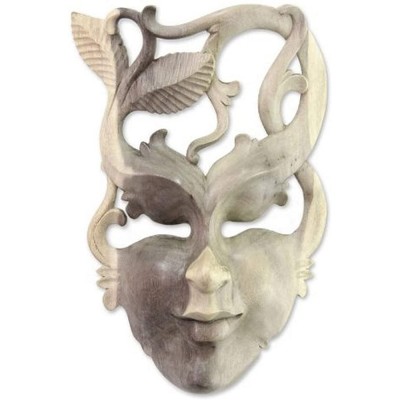NOVICA Decorative Leaf and Tree Hibiscus Wood Mask Beige Fairy of The Forest' - BMJAQPMQL