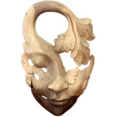 NOVICA Decorative Leaf and Tree Wood Mask Beige 'Shy Maiden' - B8GI88BJF