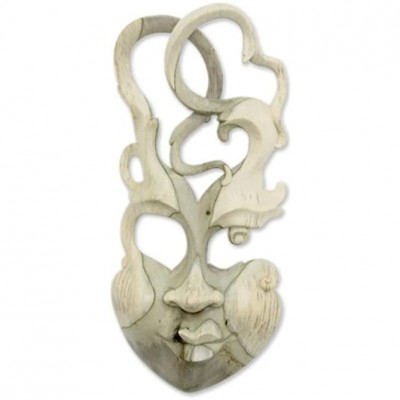 NOVICA Decorative Modern Hibiscus Wood Mask Beige Balinese Enigma' - BS5W9CH2E