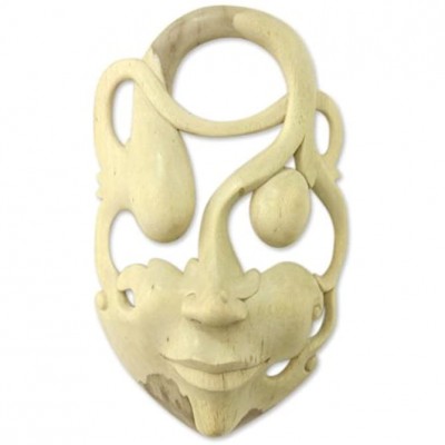 NOVICA Decorative Modern Hibiscus Wood Mask Beige 'Introspection' - B7FFYE4H9