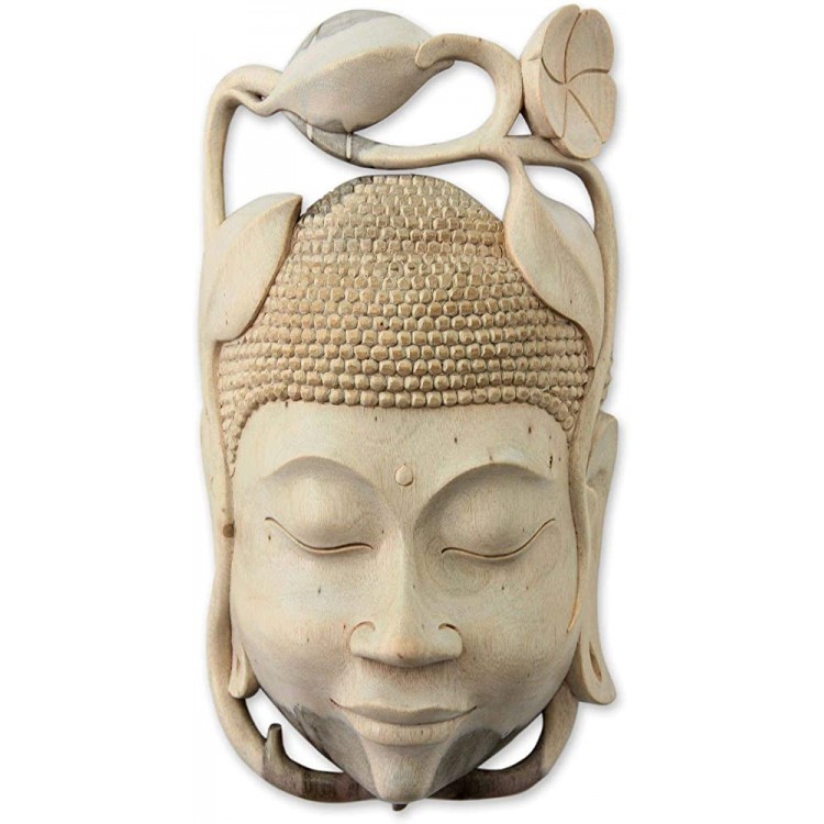 NOVICA Decorative Religious Hibiscus Wood Mask Beige 'Balinese Buddha' - BYC1DE088
