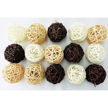 15-Pack Multiple Cream Tan Brown White Wicker Rattan Balls Decorative Orbs Natural Spheres Craft DIY Wedding Decoration Christmas Tree House Ornaments Vase Filler 3 Colors Assorted 45 mm - BJDT72AYN